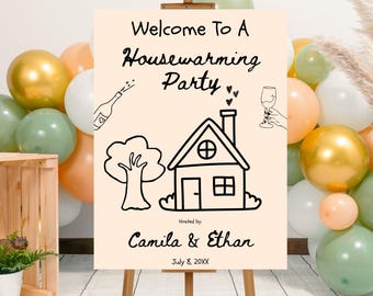 Plantilla editable de cartel de bienvenida para fiesta de inauguración de casa dibujado a mano, cartel de bienvenida imprimible para inauguración de casa, cartel de fiesta de casa nueva estilo doodle, casa nueva