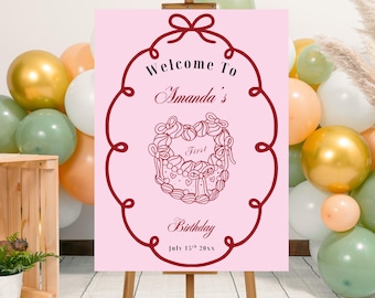 Editable Vintage Style Cake with Coquette Bows Birthday Party Welcome Sign Template, Printable Retro Heart Cake Party Poster, Coquette Cake