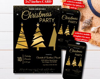 Bewerkbare sjabloon voor uitnodiging kerstfeest in zwart en goud, afdrukbare uitnodiging kerstdiner in zwart en goud, uitnodiging kerstboom voor vakantie