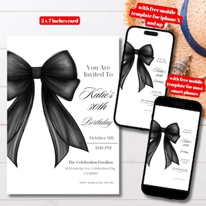 Editable Black Coquette Bow Birthday Party Invitation Template, Printable Black Ribbon Coquette 30th 40th 50th Birthday Party Invite