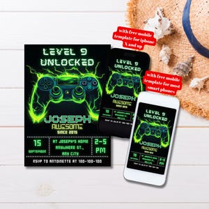 Editable Video Game Party Invitation, Level Unlocked Birthday Invite, Neon Green Game Controller Invite, Printable Gamer Birthday Invite