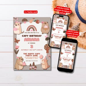 Editable Cute Capybara Birthday Party Invitation Template, Printable Capy Birthday Invitation, Capybara Invitation for Girls, Pink Capybara