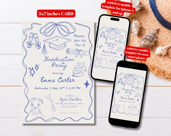 Plantilla de invitación de graduación editable estilo doodle, invitación imprimible para fiesta de graduación dibujada a mano, invitación de graduación con borde ondulado y original