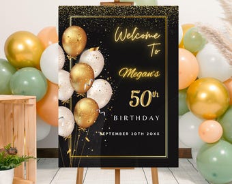 Editable Black Gold 50th Birthday Party Welcome Sign Template, Printable 50th Golden Bday Poster, Fifty Black Gold Foil Bday Welcome Board