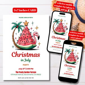 Bearbeitbare Wassermelone Weihnachten im Juli Party Einladung Vorlage, druckbare Wassermelone Weihnachtsbaum Einladung, Weihnachten Flamingo einladen