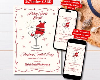 Editable Making Spirits Bright Christmas Party Invitation Template, Printable Christmas Cocktail Party Invitation, Santa Cocktail Party