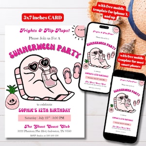 Editable Cute Pink Ghost Summerween Birthday Party Invitation Template, Printable Halloween in Summer Party Invite, Summerween Pool Party