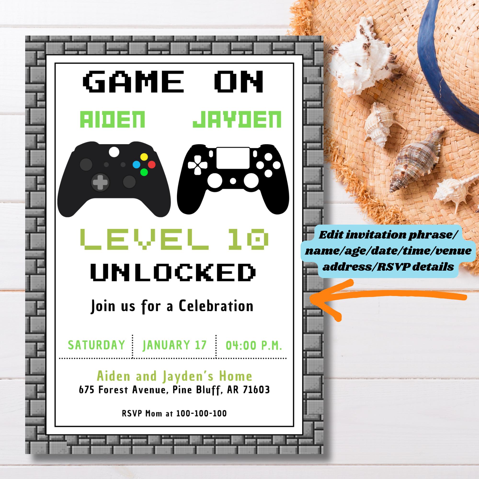 Editable Video Game Controller Birthday Party for Twins Invitation ...