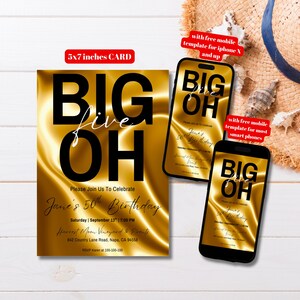 Può includere: Un biglietto d'invito dorato, 12,7 x 17,8 cm, con la scritta "BIG live OH" in grandi lettere nere. L'invito è per il 50° compleanno di Jane, con i dettagli dell'evento. Include modelli mobili per iPhone X e superiori e la maggior parte degli smartphone.