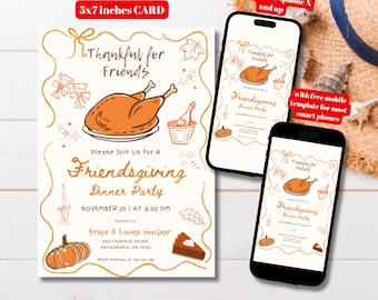 Editable Hand Drawn Friendsgiving Invitation Template, Printable Friendsgiving Party Invite, Thankful for Friends Thanksgiving Party Invite