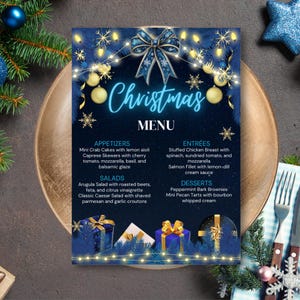 Edytowalny niebieski kokardka kokardka bożonarodzeniowy szablon menu na imprezę, drukowana karta menu kolacji bożonarodzeniowej, świąteczne menu bożonarodzeniowe, karta menu świątecznego