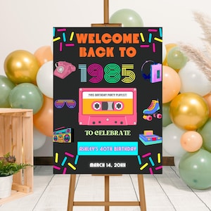Modello modificabile di cartello di benvenuto per il 40° compleanno nato nel 1985, poster di benvenuto stampabile per il 40° compleanno del 1985, cartello con musicassetta per il compleanno degli anni '80