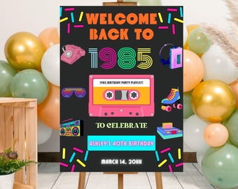 May include: A black welcome sign with colorful 80s themed graphics, including a cassette tape, a boombox, a phone, roller skates, and a video game console. The sign reads "Welcome Back to 1985" and "To Celebrate Ashley's 40th Birthday, March 14, 20XX".