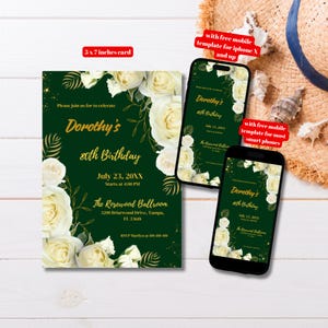 Editable 80th Birthday Floral Invitation Template, Printable 80th Birthday Party Invitation, Emerald Green Invitation, Green Gold Invitation