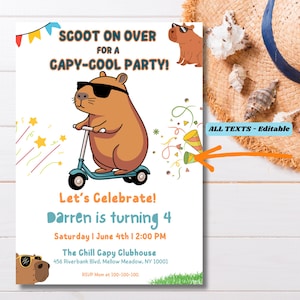 K&ouml;nnte beinhalten: Eine Geburtstagseinladung mit einem Cartoon-Capybara, das eine Sonnenbrille tr&auml;gt und einen Roller f&auml;hrt. Die Einladung ist f&uuml;r eine "Capy-Cool Party" und lautet "Let's Celebrate! Darren is turning 4". Die Einladung enth&auml;lt das Datum, die Uhrzeit und den Ort der Party. Der Text "ALL TEXTS - Editable" ist in der oberen rechten Ecke sichtbar.