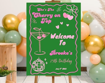 Editable She's The Cherry on Top Birthday Welcome Sign Template, Printable Wavy Retro Birthday Poster, Doodle Cherry Birthday Welcome Board