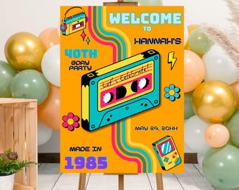 Bewerkbaar gemaakt in 1985 40e verjaardagsfeestje welkomstbord sjabloon, afdrukbare 80s feest welkomstbord sjabloon, terug naar de jaren 80, Throwback Party
