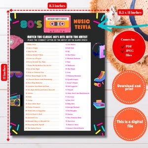 Printable 80s Party Trivia Games, Music Match 80s Theme Party Games, 80s Bday Music Game, Back to the 80s Party, 1980's Music Trivia Game