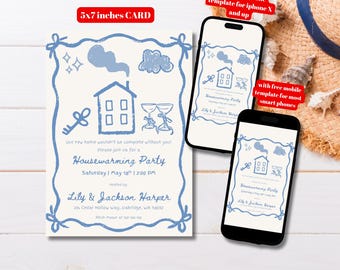 Editable Blue Hand Drawn Housewarming Party Invitation Template, Printable Whimsical New Home Party, Handwritten Housewarming Invitation