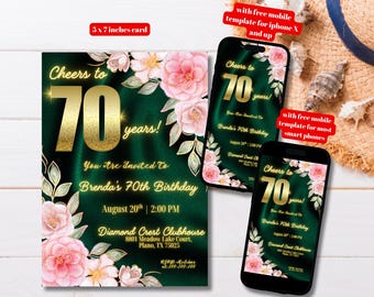 Editable Emerald Green Gold and Pink 70th Birthday Invitation Template, Printable Green Gold Pink 70th Birthday Floral Invitation, 70th Bday