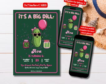 Bearbeitbar Es ist eine große Dillgurke-Geburtstagsfeier-Einladungsvorlage, druckbare rosa Glitzergurke-Geburtstagsparty einladen, Canva Dillgurkenparty