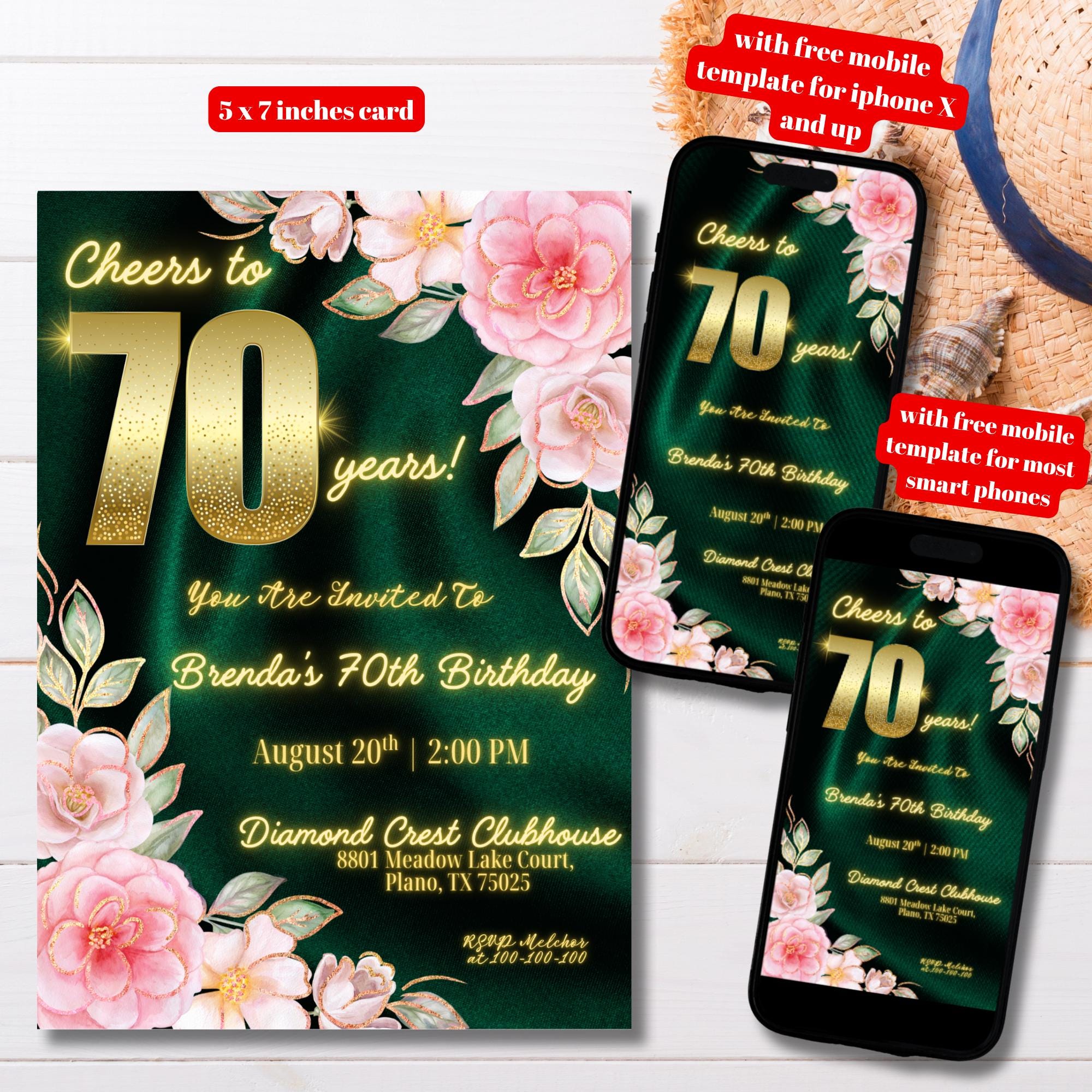 Editable Emerald Green Gold and Pink 70th Birthday Invitation Template ...