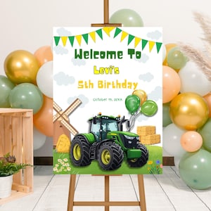 Editable Green Tractor Birthday Party Welcome Sign Template, Printable Green Farm Tractor Birthday Welcome Poster, Tractor Welcome Sign