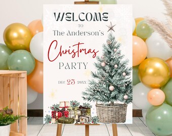 May include: Welcome to The Anderson's Christmas Party sign with a watercolor illustration of a Christmas tree with ornaments and presents. The date is December 25th.