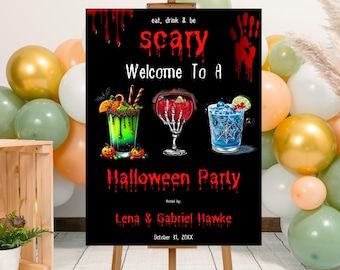 Plantilla editable de cartel de bienvenida para fiesta de Halloween "Come, bebe y diviértete", póster imprimible de bienvenida para fiesta de Halloween para adultos, fiesta de cócteles.
