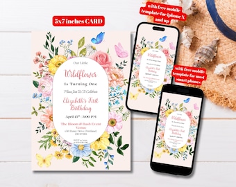 Editable Wildflower Birthday Party Invitation Template, Printable Wildflower First Birthday Invitation, Girl Flower Birthday Invitation