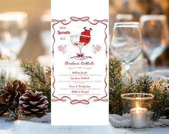 May include: A white Christmas cocktail menu with red accents. The menu features the text "Making Spirits Bright" and "Christmas Cocktails." A cartoon Santa Claus is in a cocktail glass. The menu is surrounded by festive decorations.
