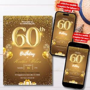 Editable 60th Birthday Invitation Template Gold Glitter, Printable Glam Gold Glitter Confetti 60th Bday Invite, Elegant Sixty Bday Invite
