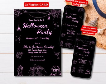 Editable Hand Drawn Black and Pink Adult Halloween Party Invitation Template, Printable Doodle Pink Halloween Invite, Halloween Spooky Party