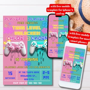Modèle d'invitation de fête d'anniversaire de jumeaux, jeu vidéo de jumeaux, invitation modifiable, invitation de fête de joueur de jumeaux, double anniversaire garçon et fille,