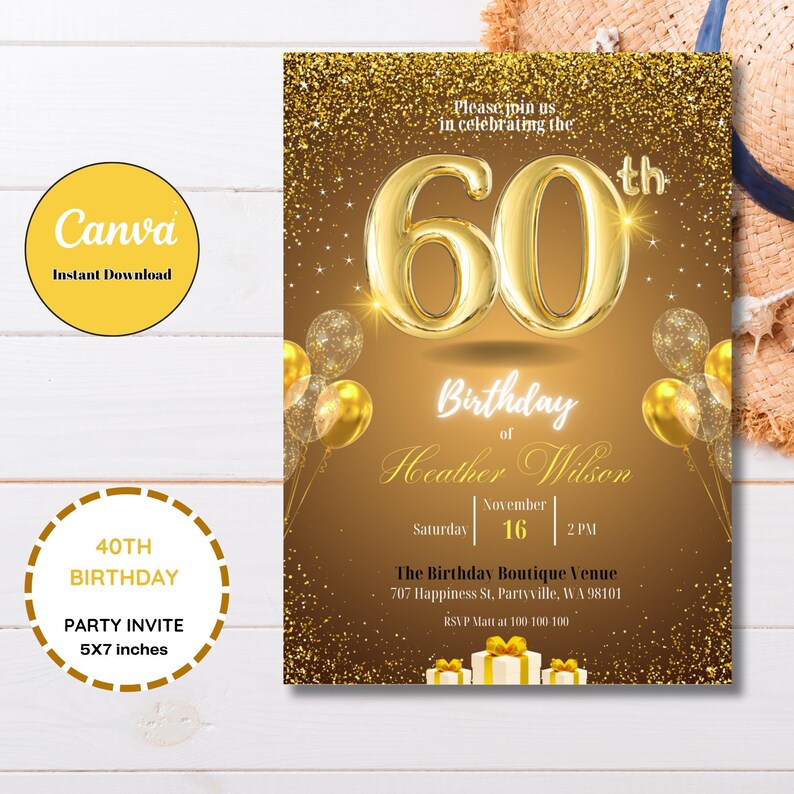 Editable 60th Birthday Invitation Template Gold Glitter, Printable Glam ...