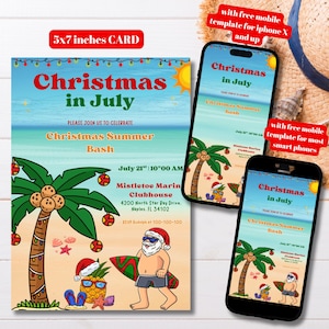 Editable Beach Santa Christmas in July Party Invitation Template, Printable Santa Summer Party Invite, July Christmas Invitation Template