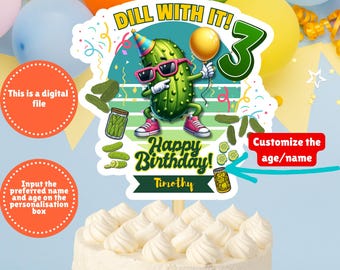 Adorno para tarta de cumpleaños personalizado con pepinillos en vinagre, adorno para tarta de cumpleaños con pepinillos en vinagre, adorno para tarta imprimible con pepinillos en vinagre.