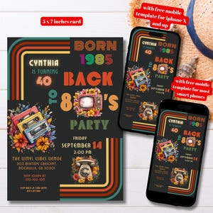 Modelo de convite editável para 40º aniversário de 1985, convite para festa de aniversário vintage dos anos 80 para impressão, festa de aniversário com fitas mistas boho, de volta aos anos 80