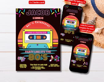 Editable Party Like It's The 80's Birthday Party Invitation Template, Printable Retro Cassette Tape Bday Invite, Retro 40th Bday Invitation