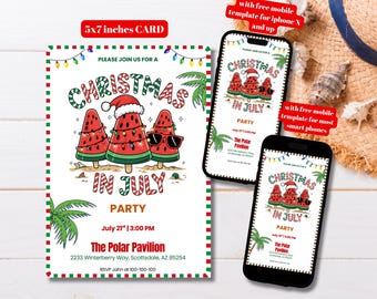 Editable Watermelon Popsicles Christmas in July Party Invitation Template, Printable Christmas in July Invitation, Christmas Summer Party