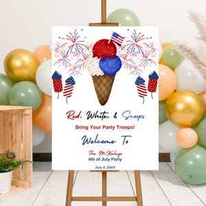 Editable Ice Cream Theme 4th of July Party Welcome Sign Template, Printable Independence Day Fireworks Party Sign, 4th of July BBQ Party