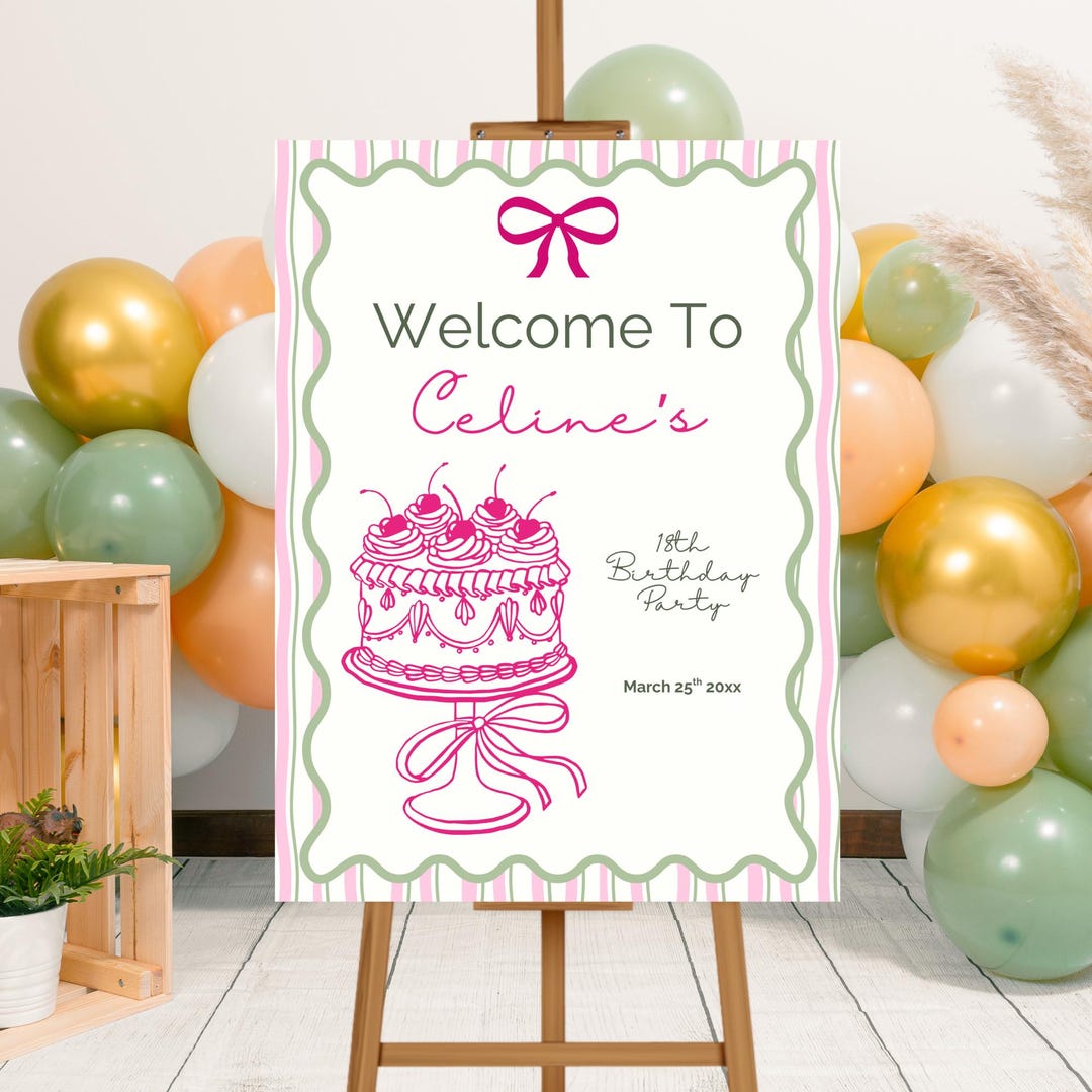 Editable Whimsical Vintage Cake Birthday Party Welcome Sign Template ...