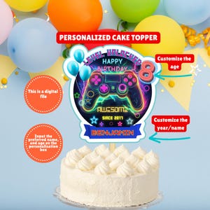 Personalized Neon Video Game Birthday Party Cake Topper, Custom Game Level Unlocked Bday Topper, Gamer Rainbow Video Game Bday Cake Decor