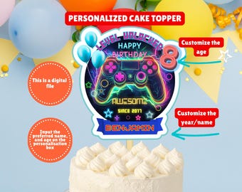 Personalisierte Neon Videospiel Geburtstagsparty Kuchen Topper, Benutzerdefinierte Spiel Level Unlocked Bday Topper, Gamer Regenbogen Videospiel Geburtstagskuchendekor