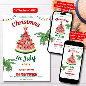 Bearbeitbarer Wassermelonen-Weihnachtsbaum Weihnachten im Juli Party Einladung Vorlage, druckbare Wassermelone Juli Weihnachten einladen, Weihnachtssommer