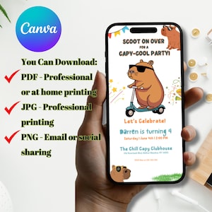 K&ouml;nnte beinhalten: Eine digitale Einladung zu einer Geburtstagsfeier mit einem Cartoon-Capybara, das auf einem Roller f&auml;hrt. Die Einladung tr&auml;gt den Titel "Scoot on Over for a Capy-Cool Party!" und lautet "Let's Celebrate! Darren is turning 4" mit Datum und Uhrzeit der Party. Die Party findet im "The Chill Capy Clubhouse" statt.