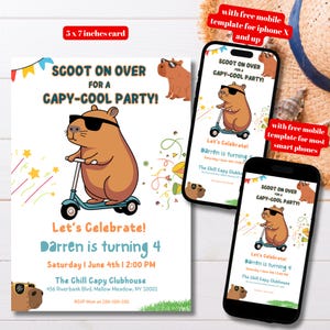 A fun capybara birthday invitation featuring a capybara wearing sunglasses and riding a scooter, with the phrase "Scoot on Over for a Capy Cool Party" on top, set in a playful and trendy design.