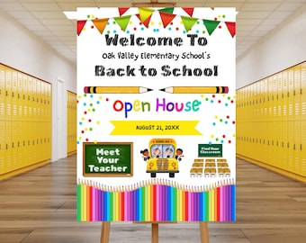 Modèle modifiable de panneau de bienvenue pour la rentrée des portes ouvertes, affiche de bienvenue imprimable pour la rentrée des classes, rencontre avec les enseignants, événement scolaire PTA PTO