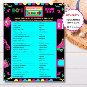 May include: A vibrant 80's themed music trivia game, sized at 21.6 x 27.9 cm. The game sheet features a 'Birthday Party Playlist' with classic 80's hits and artist matching. The design incorporates neon colours and 80's graphics.