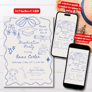 Editable Doodle Style Graduation Invitation Template, Printable Hand Drawn Graduation Party Invite, Whimsical Wavy Border Graduation Invite